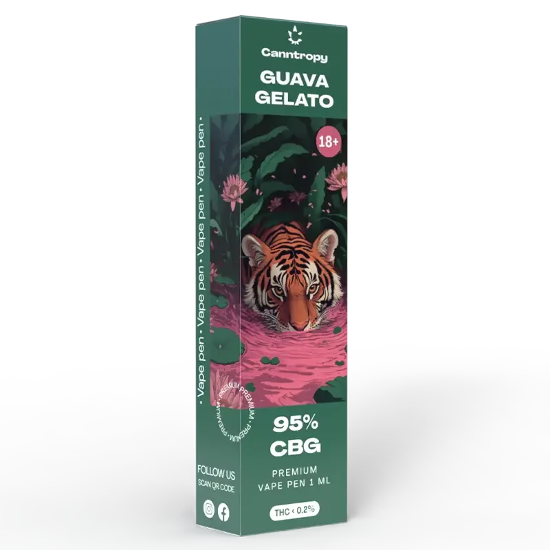 Canntropy Guava Gelato premium CBG vape pen side packaging with tropical artwork