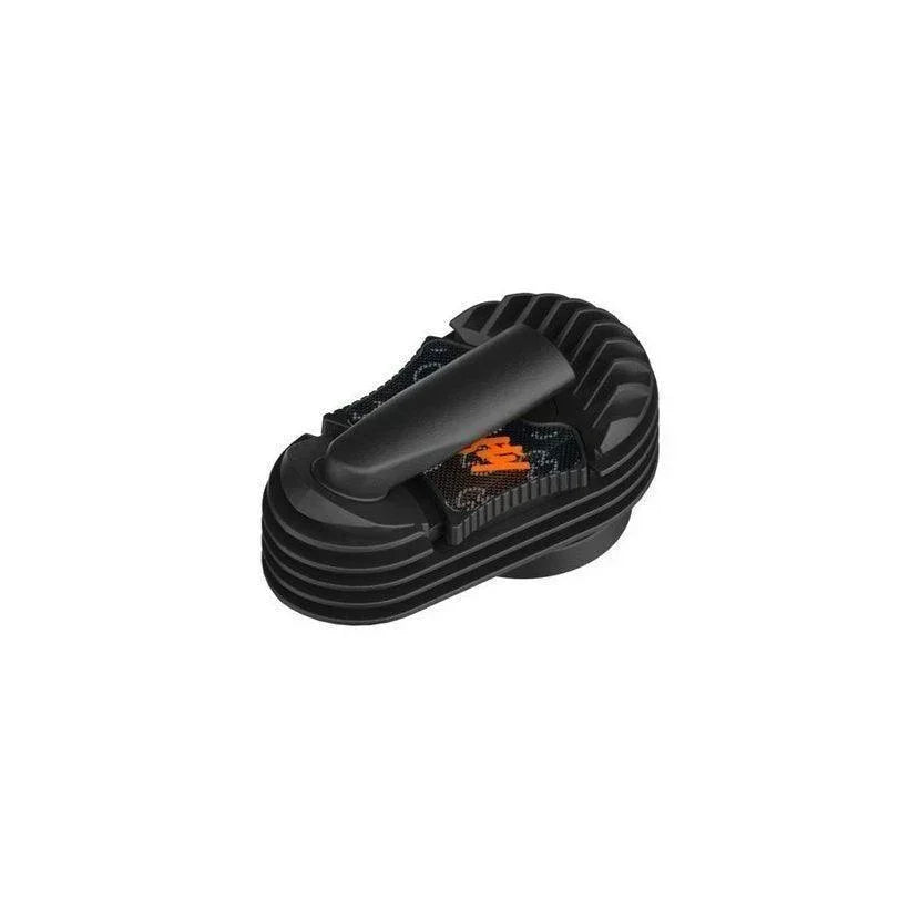 Black plastic vaporizer cooling unit accessory with ridged design on white background
