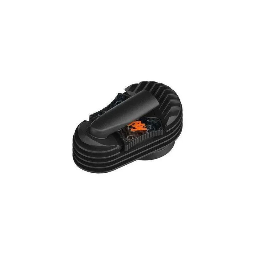 Black plastic vaporizer cooling unit accessory with ridged design on white background