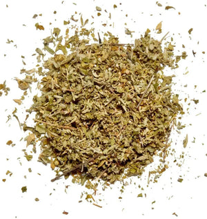 damiana leaf herbal blend on white background, natural wellness product