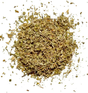 damiana leaf herbal blend on white background, natural wellness product