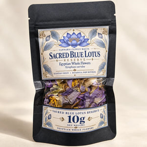 Sacred Blue Lotus Reserve pouch detail showing dried whole flowers