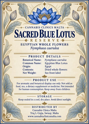 Product details and storage label for Sacred Blue Lotus Reserve Egyptian whole flowers