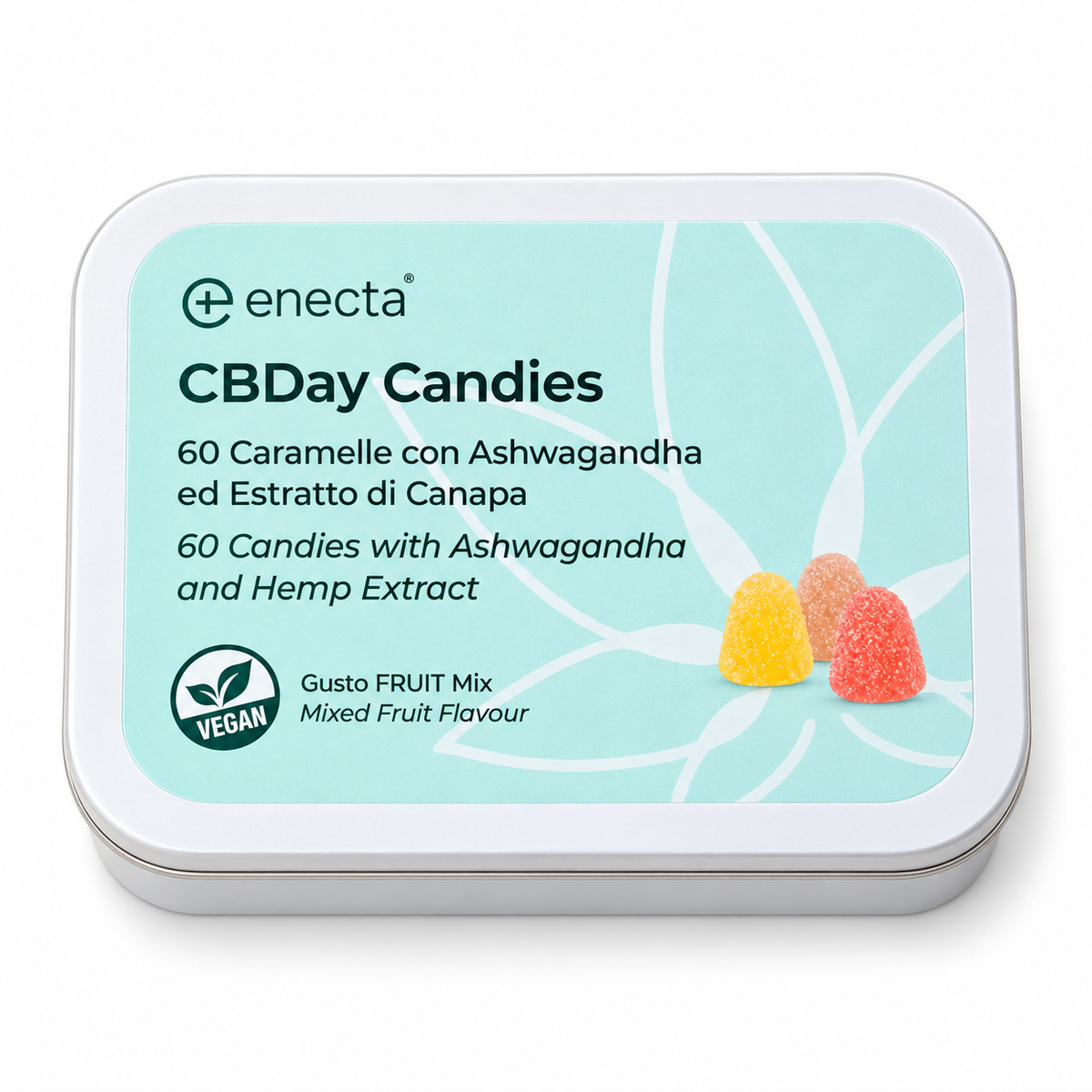 Enecta CBDay Candies mint tin with 60 mixed-fruit candies, ashwagandha and hemp extract