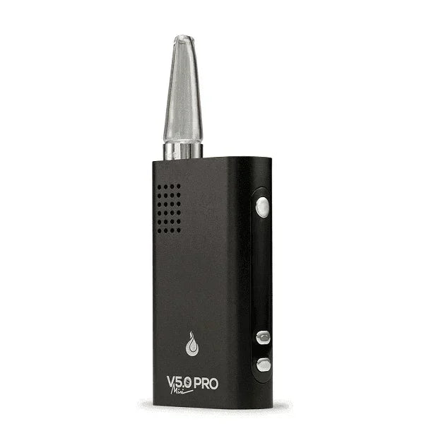Black portable dry herb vaporizer with digital controls and glass mouthpiece