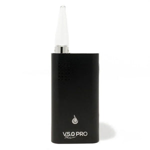 Black portable dry herb vaporizer with glass mouthpiece on white background