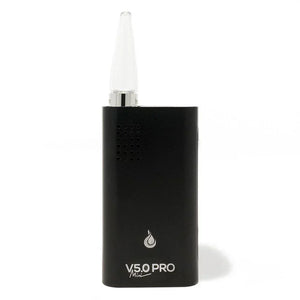 Black portable dry herb vaporizer with glass mouthpiece on white background