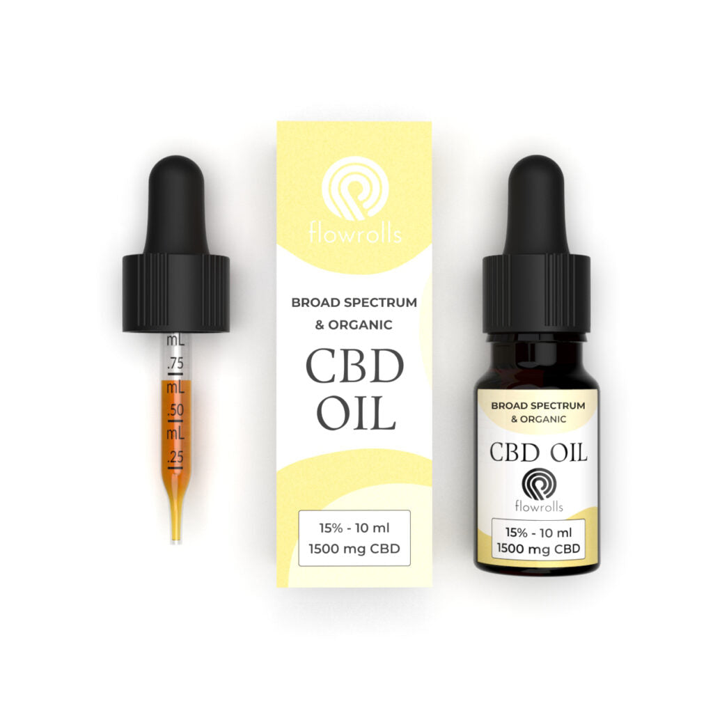 Flowrolls CBD oil 15% 1500mg 10ml bottle box and measuring dropper
