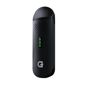 Black portable dry herb vaporizer with LED indicator and sleek design on plain background