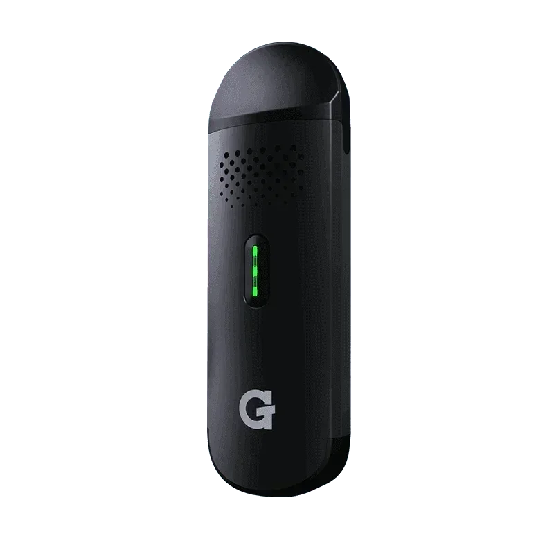Black portable dry herb vaporizer with LED indicator and sleek design on plain background