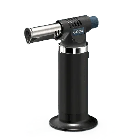 Black butane torch lighter with metallic nozzle for herbal vaporizer use