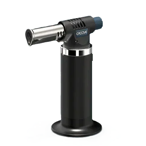 Black butane torch lighter with metallic nozzle for herbal vaporizer use