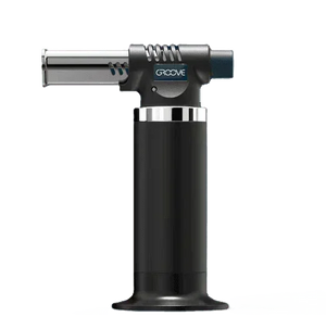 Black butane torch lighter for cannabis accessories, ergonomic design, table top view