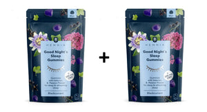 Two packages of Hema Good Night's Sleep Gummies with a plus sign between them on a white background.