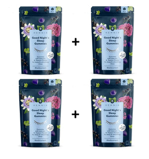 Four packages of Hennia Good Night's Sleep Gummies on a white background