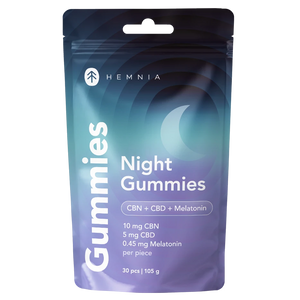 Hemnia Night Gummies pouch labelled CBN, CBD and melatonin, containing 30 pieces and 105 g.