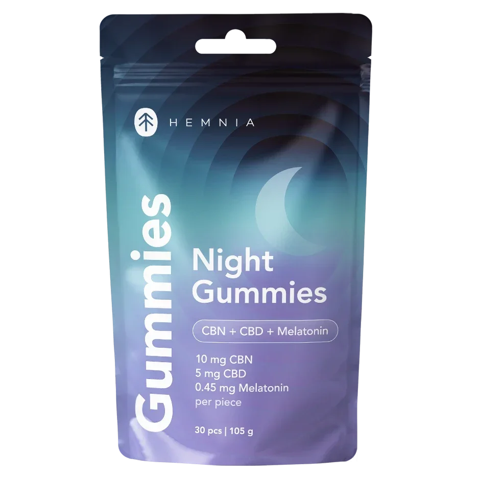 Hemnia Night Gummies pouch labelled CBN, CBD and melatonin, containing 30 pieces and 105 g.