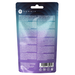 Back of Hemnia Night Gummies pouch showing ingredients, storage instructions, warnings and barcode.