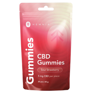 cbd-gummies-20-pieces.webpHemnia Sour Strawberry CBD Gummies pouch labelled 5 mg CBD per piece, 20 pieces and 45 g.