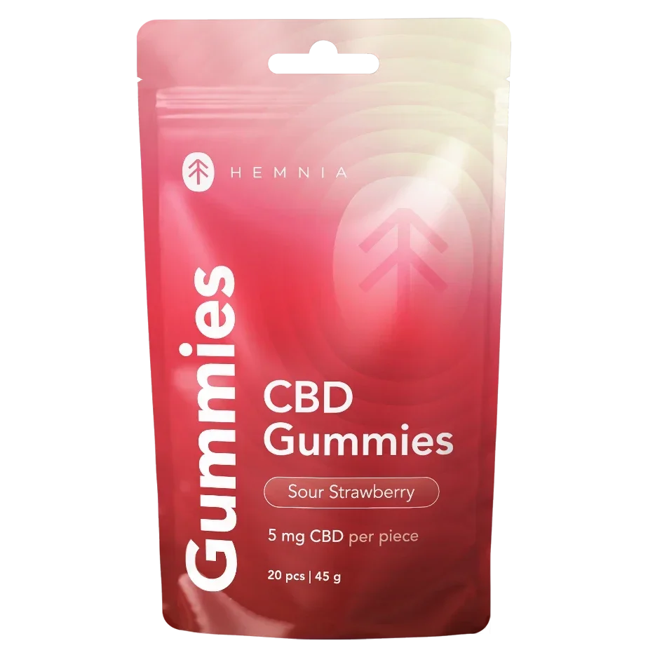 cbd-gummies-20-pieces.webpHemnia Sour Strawberry CBD Gummies pouch labelled 5 mg CBD per piece, 20 pieces and 45 g.
