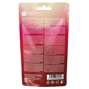 Back of Hemnia Sour Strawberry CBD Gummies pouch showing ingredients, warnings and barcode.