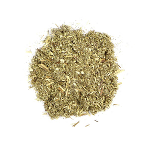 Dried mugwort herb loose leaf on white background, natural wellness botanical product