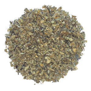 Dried and crushed mullein leaf herbal blend on white background for wellness use