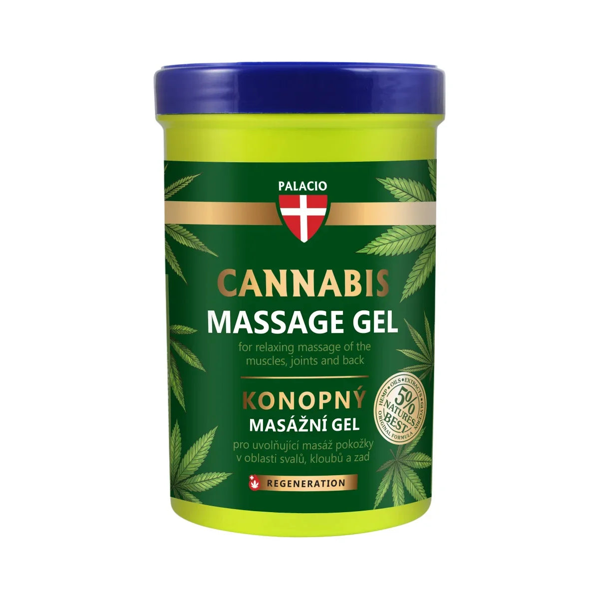 Cannabis massage gel container with green label and blue lid on a white background