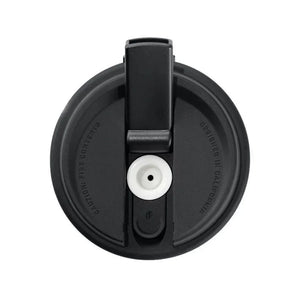 Top view of a black portable smoking vaporizer lid with mouthpiece and safety warnings