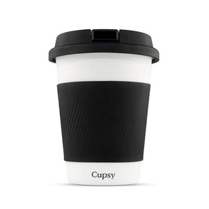 Reusable white and black insulated cup with Cupsy label, isolated on white background.