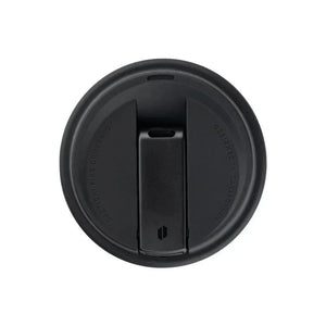 Black travel mug lid with flip-top spout, cup accessory for wellness products