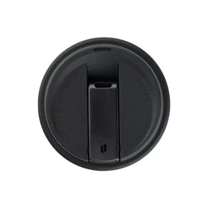 Black travel mug lid with flip-top spout, cup accessory for wellness products