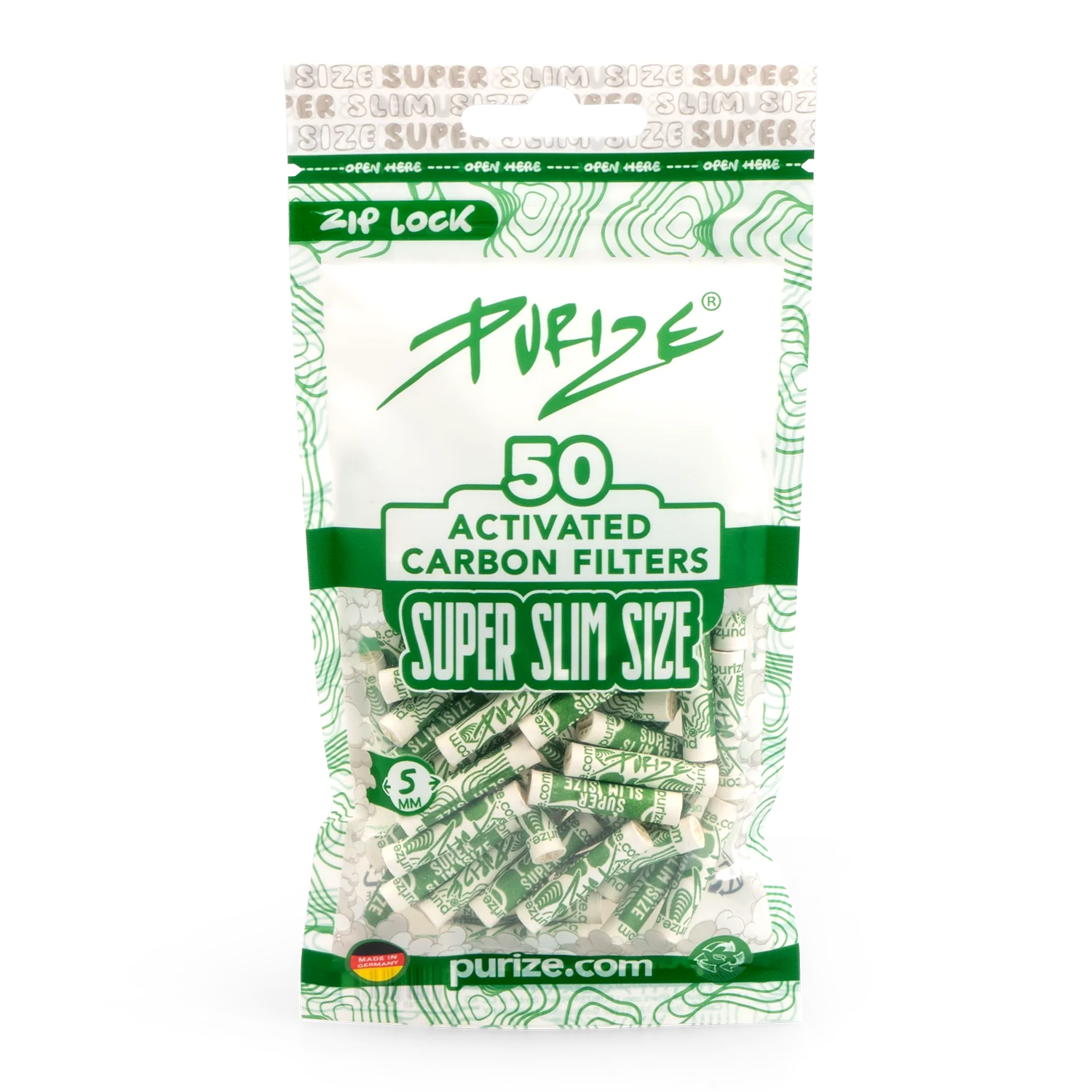 PURIZE Super Slim Activated Carbon Filters 50 Pack with resealable zip-lock pouch