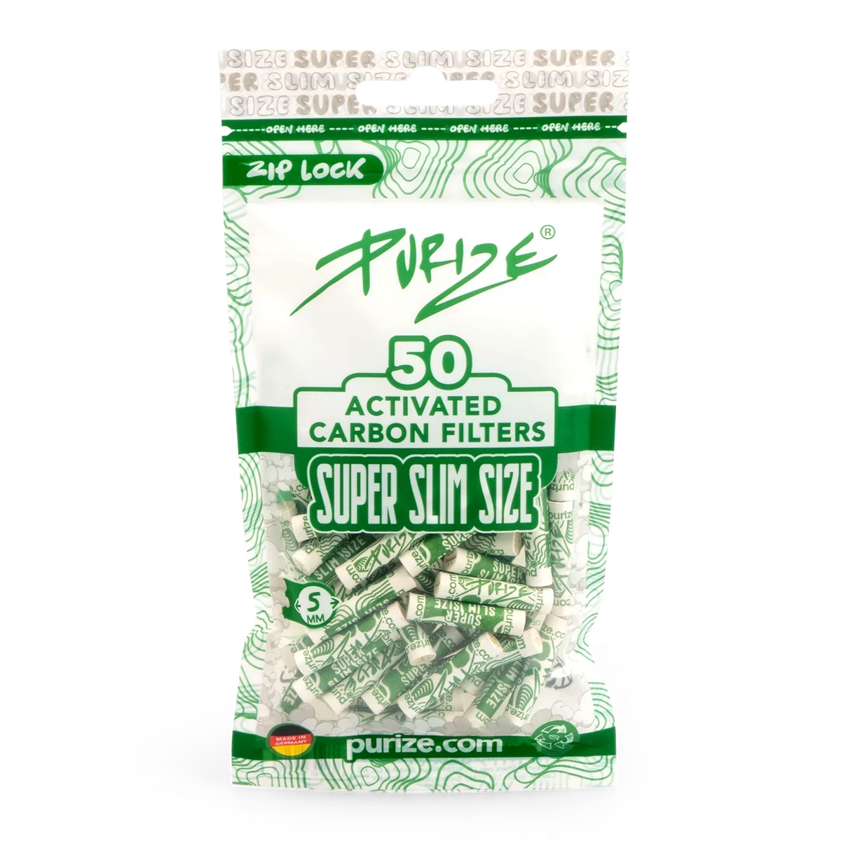 PURIZE Super Slim Activated Carbon Filters 50 Pack with resealable zip-lock pouch