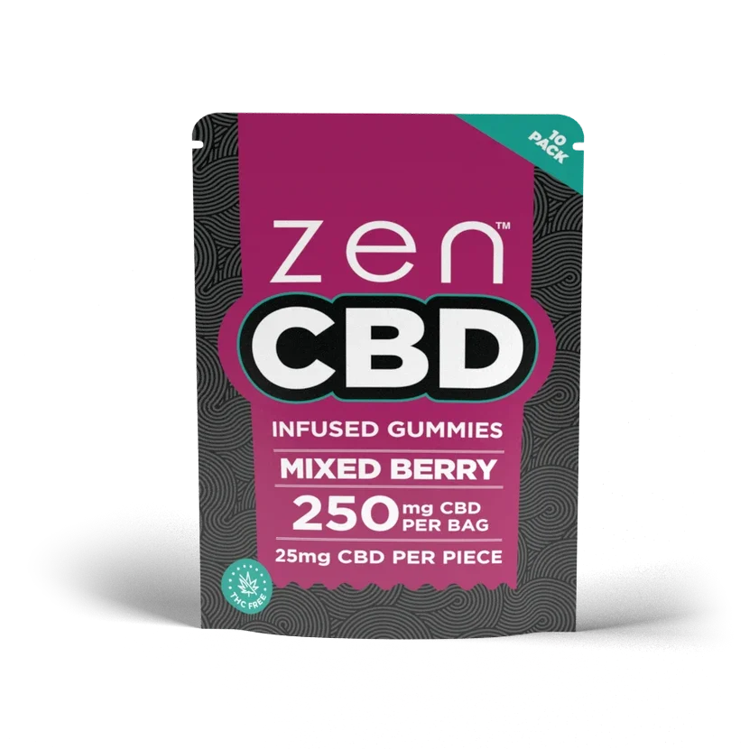 ZEN Mixed Berry CBD Gummies pink pouch labelled 250 mg CBD per bag and 25 mg per piece, 10 pack.
