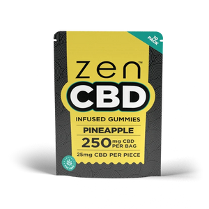 ZEN Pineapple CBD Gummies yellow pouch labelled 250 mg CBD per bag and 25 mg per piece, 10 pack.