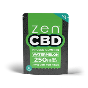 watermelon-250mg-10-pieces.pngZEN Watermelon CBD Gummies green pouch labelled 250 mg CBD per bag and 25 mg per piece, 10 pack.