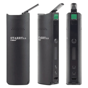 Portable dry herb vaporizer, black, with digital display and removable battery, shown in three angles