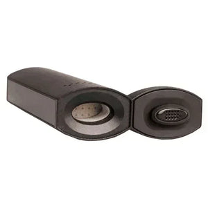 Portable dry herb vaporizer open showing heating chamber and mouthpiece, black color