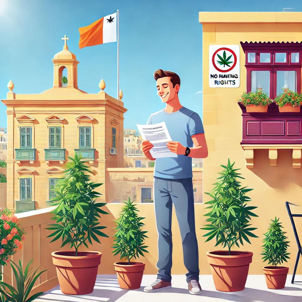 Smiling adult reading cannabis rights document on a sunny rooftop garden in Malta with potted cannabis plants.