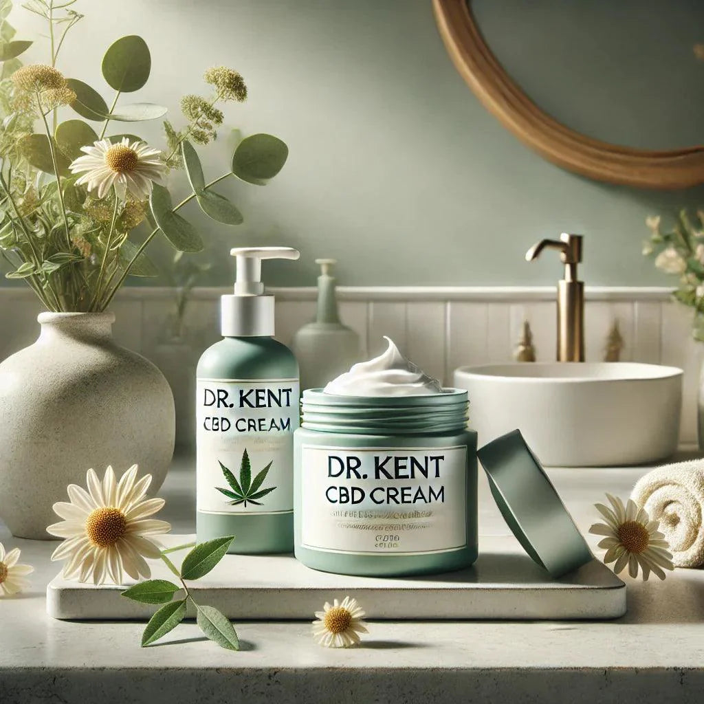 CBD creams displayed on a minimalistic bathroom counter with flowers and natural light.