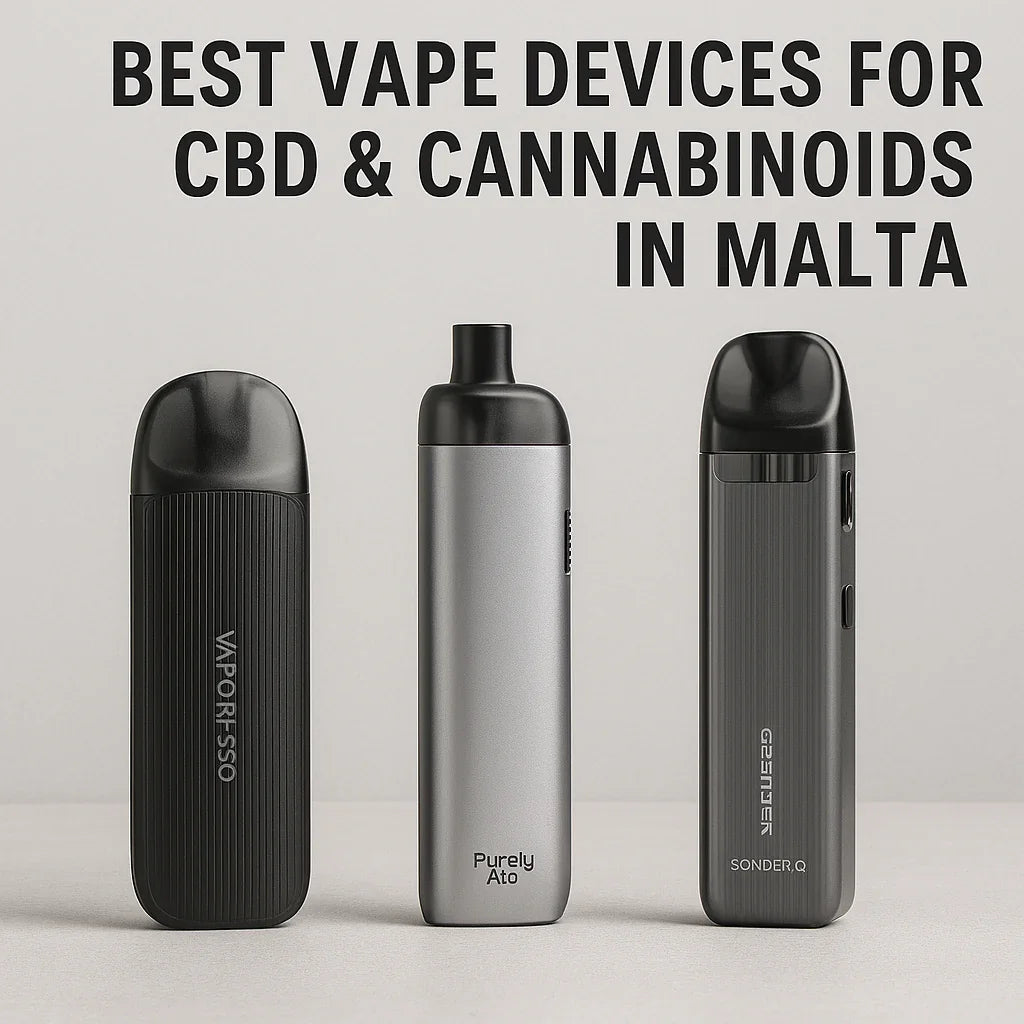 Three vape devices for CBD and cannabinoids displayed on a light background in Malta.