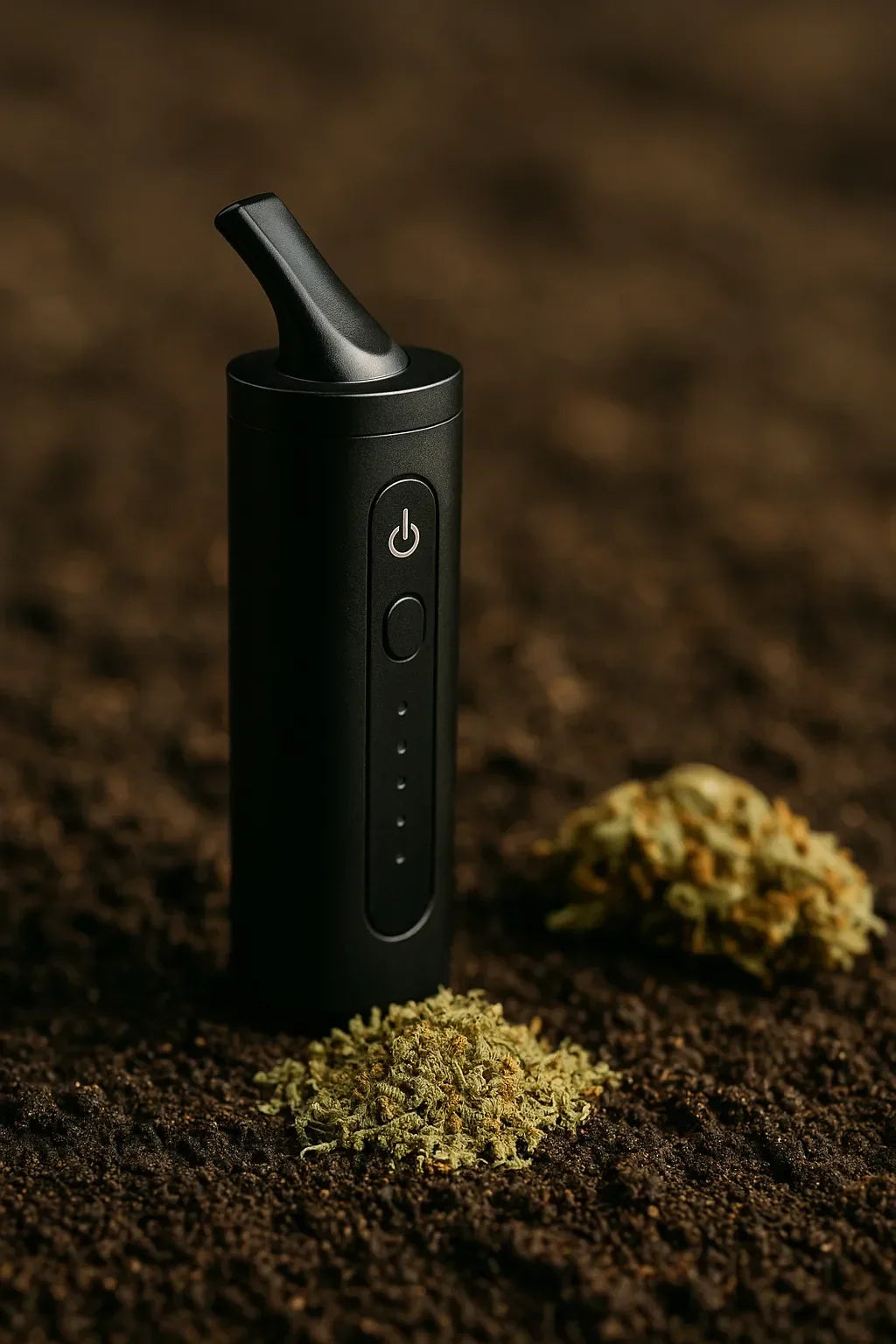 Portable dry herb vaporizer with herbal product on soil background, Malta wellness trend