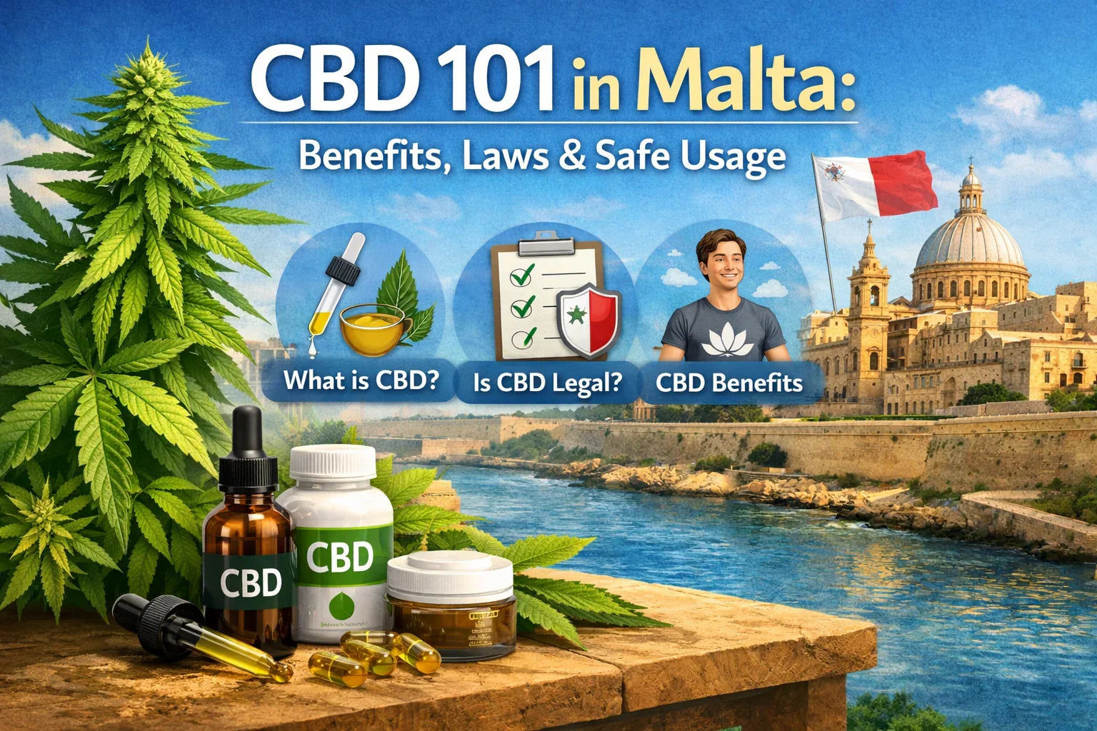 CBD oils, capsules, and cannabis plant with Malta cityscape and educational CBD info graphics.