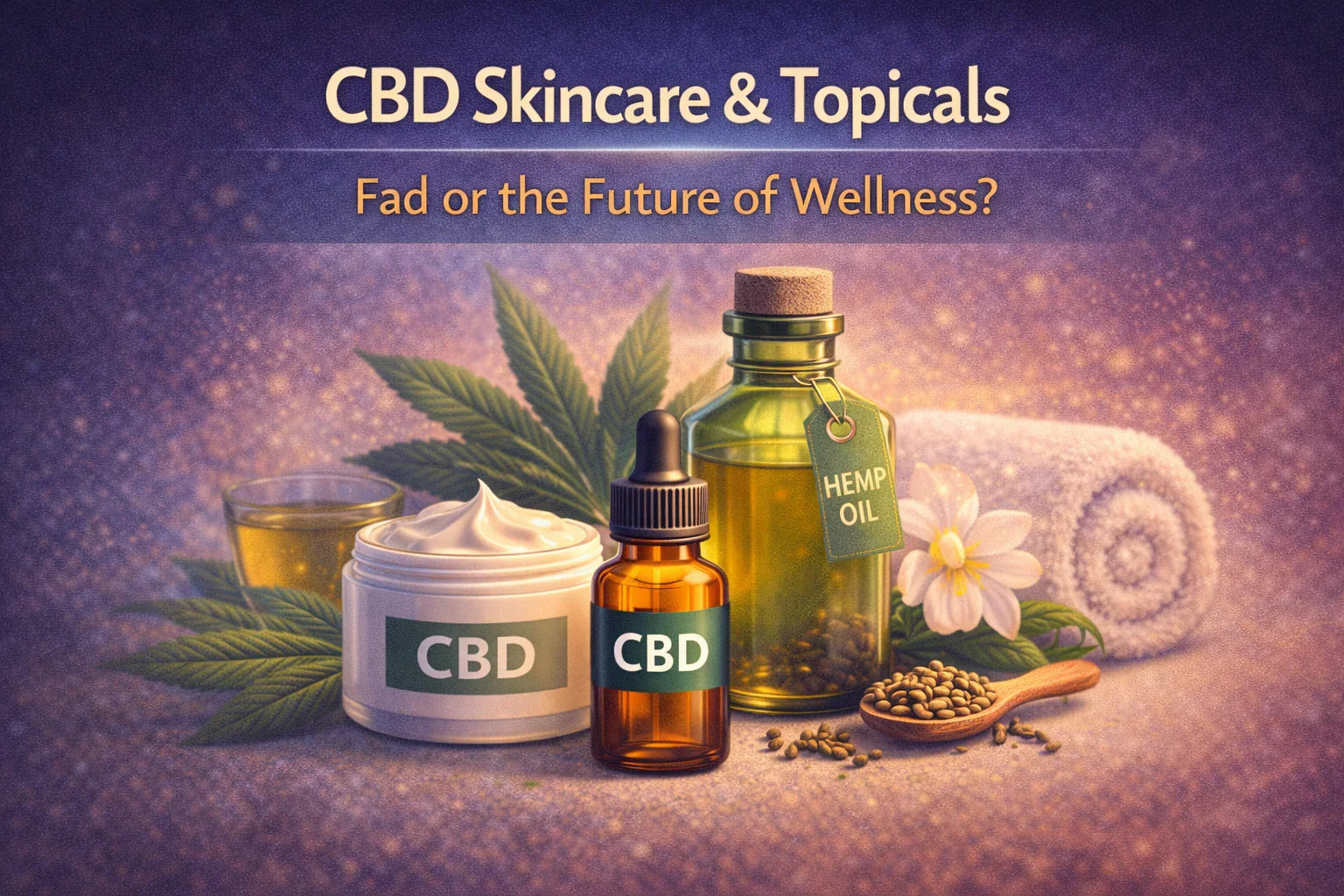 CBD skincare cream, CBD dropper, hemp oil bottle, cannabis leaves, wellness spa setting
