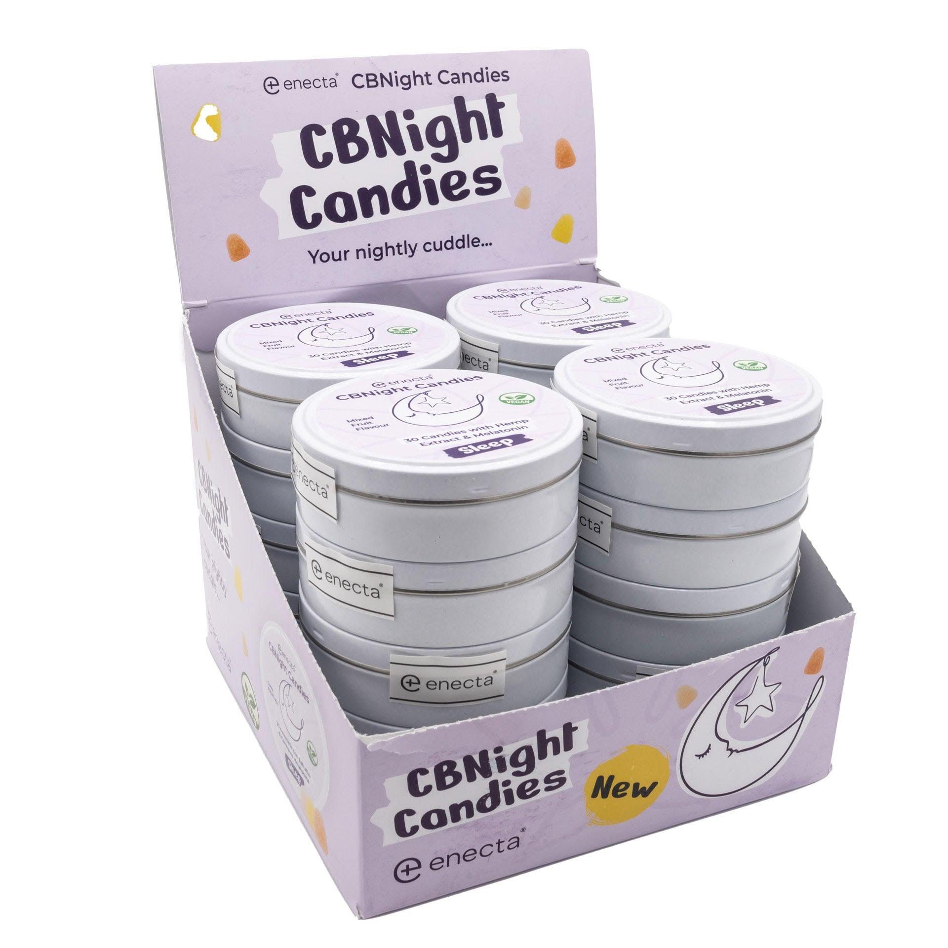 Display box of CBNight Candies sleep gummies in round tins for wellness and relaxation