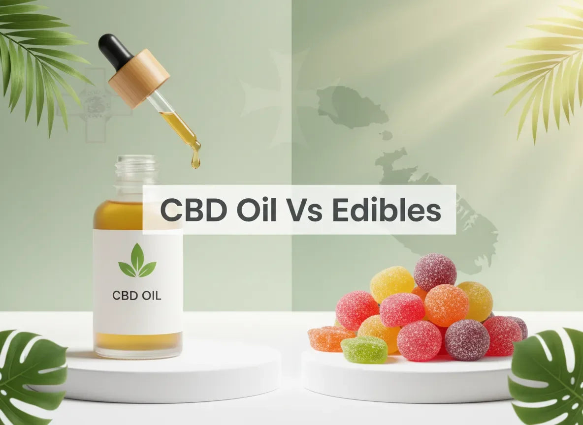 CBD oil dropper bottle and colorful edibles gummies on display, comparison concept.