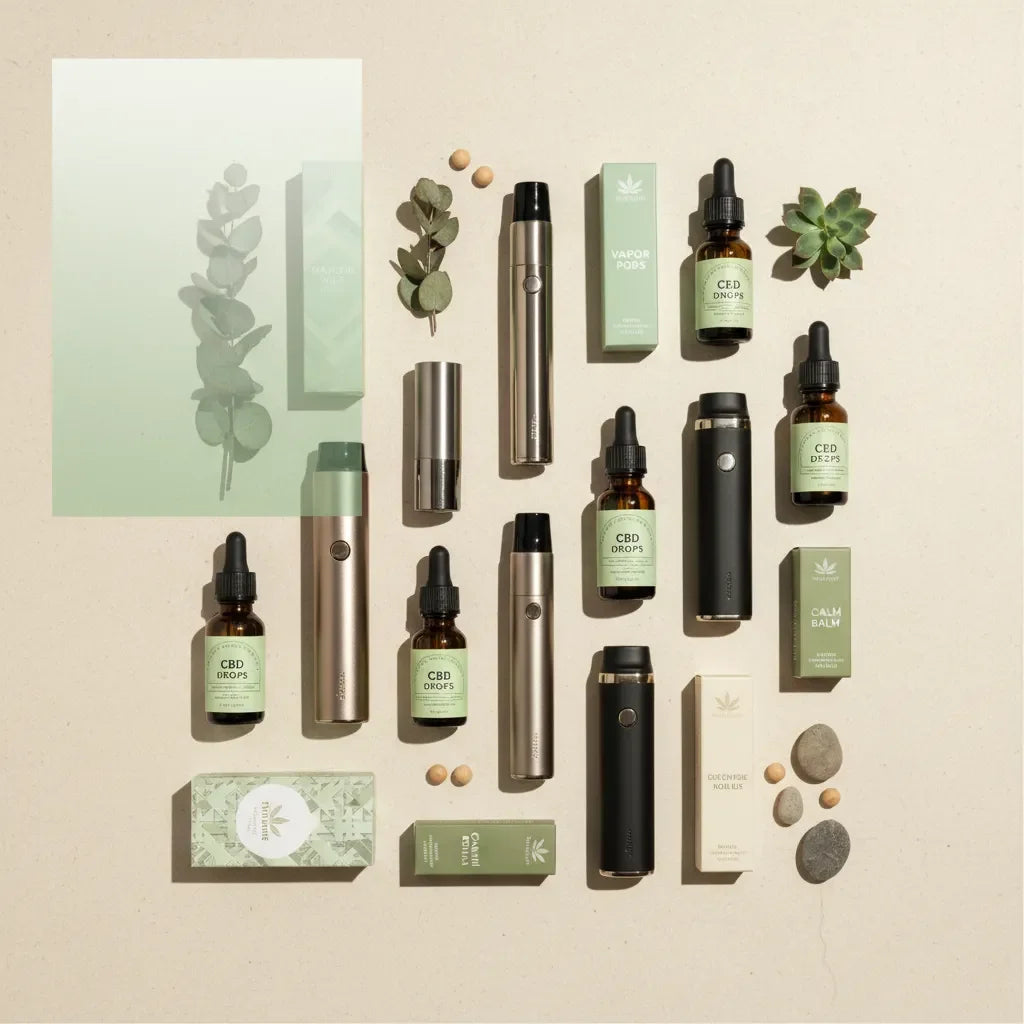 CBD oil bottles, vape pens, and wellness products with natural elements on beige background