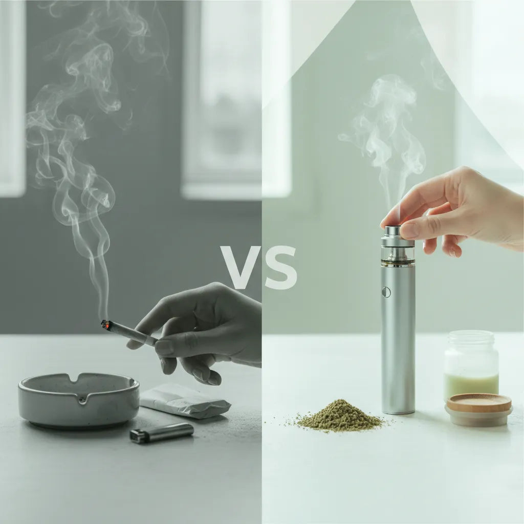Cannabis Clinics Malta Comparison of smoking vs dry herb vaping with vaporizer and ashtray side by side