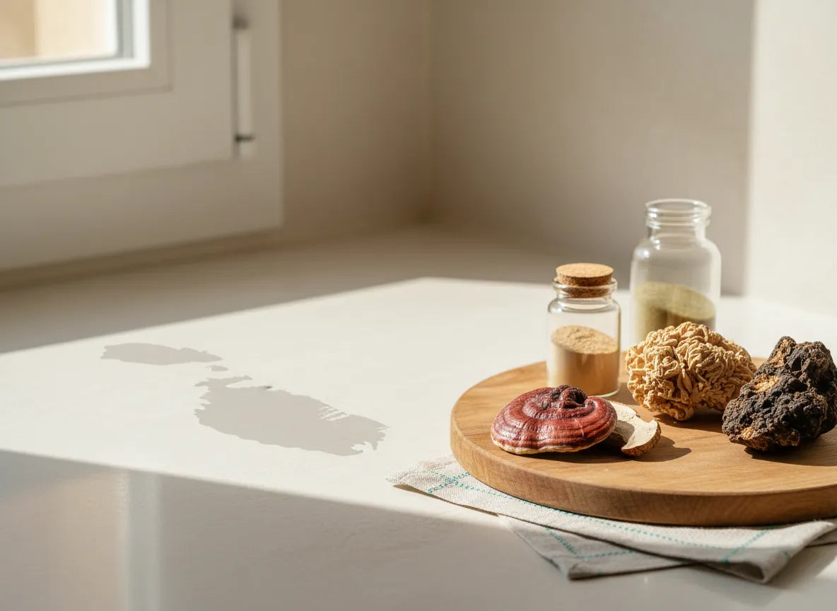 Medicinal mushrooms and powders on wooden board in bright kitchen, natural wellness concept